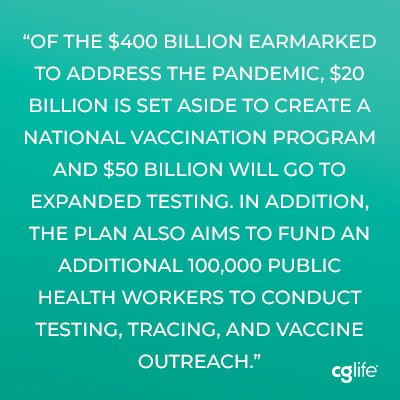 Of the $400 billion earmarked to address the pandemic, $20 billion is set aside to create a national vaccination program and $50 billion will go to expanded testing.